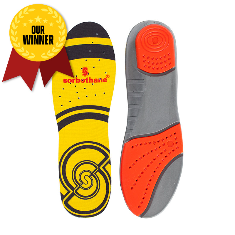 Yellow, red, and grey shoe insoles
